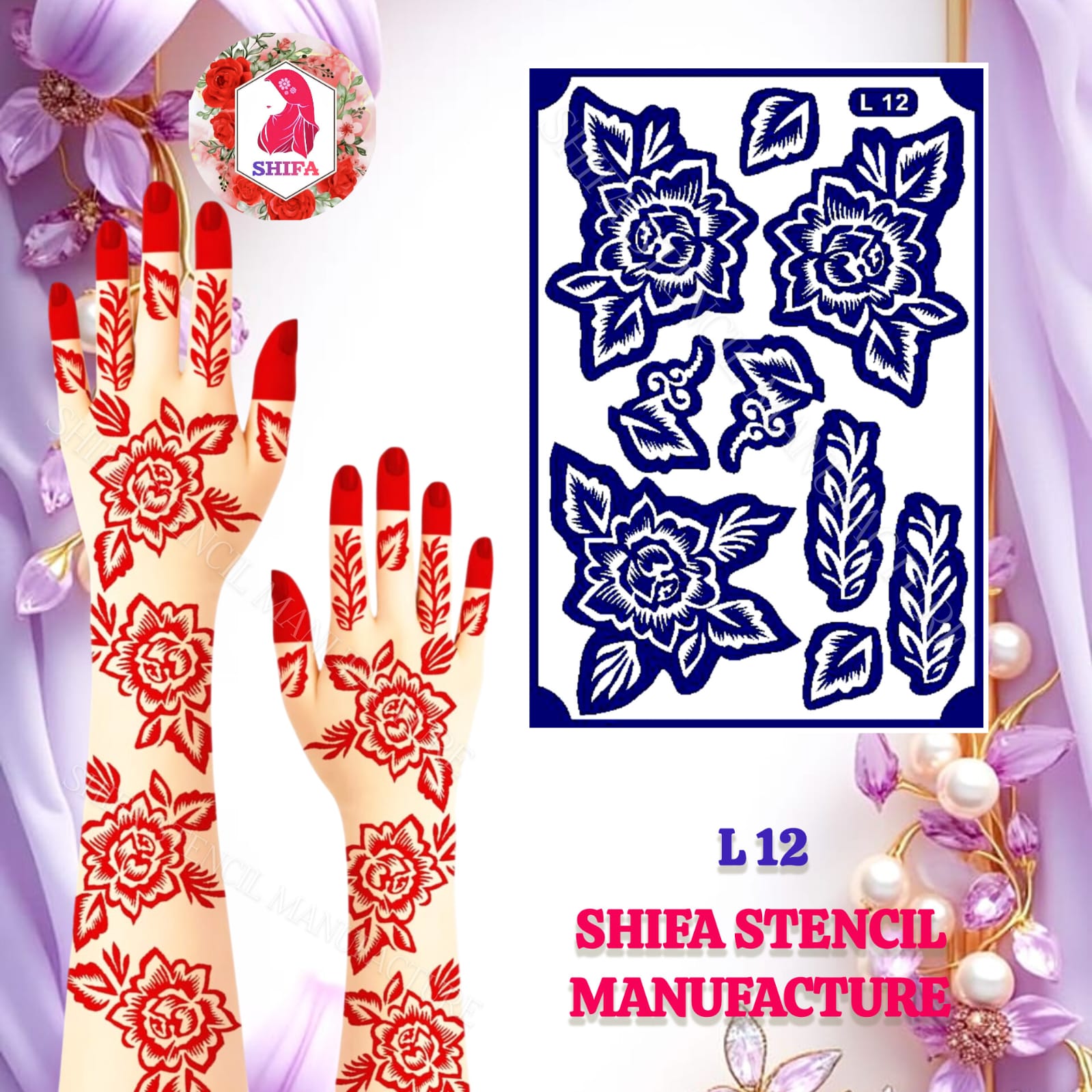 L12 Floral Leaf Themed Arabic Design  Sticker Overview  Henna Stencil - Shifa Stencil